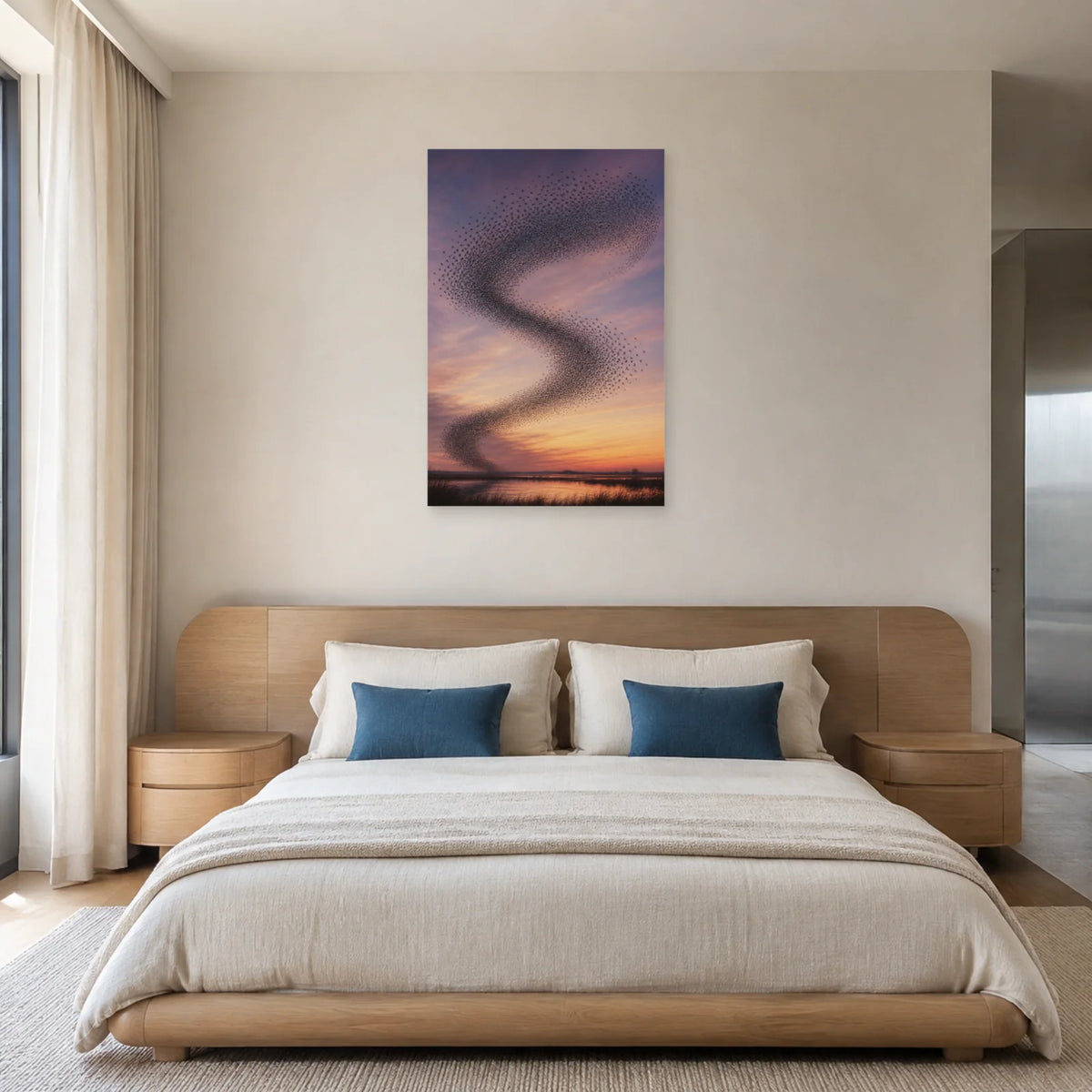 Affiche Murmuration d’étourneaux au crépuscule dans une chambre - Art Virtuoso
