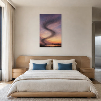 Affiche Murmuration d’étourneaux au crépuscule dans une chambre - Art Virtuoso
