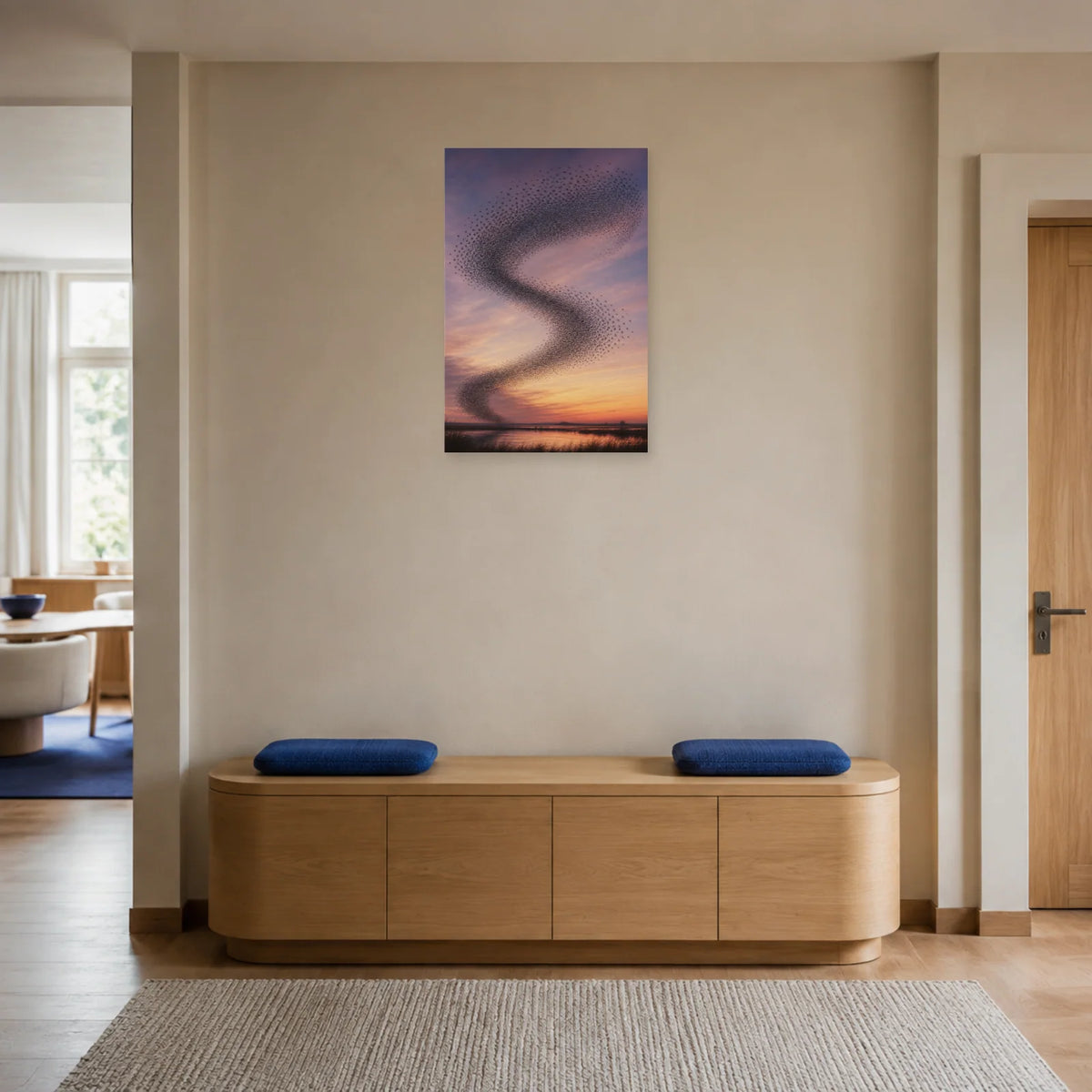 Affiche Murmuration d’étourneaux au crépuscule dans une entrée ou un couloir - Art Virtuoso