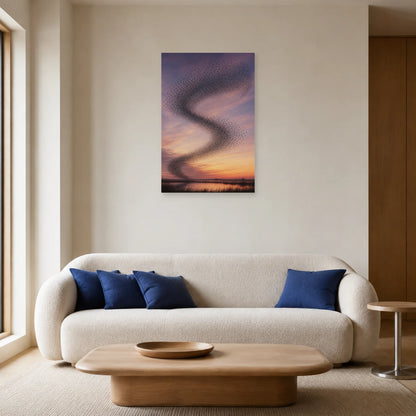 Affiche Murmuration d’étourneaux au crépuscule dans un salon - Art Virtuoso
