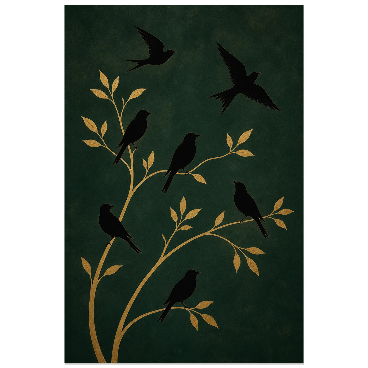 Affiche Silhouettes d’oiseaux et branches dorées, composition décorative art déco en aplats mats verticale, format 30 × 45 cm