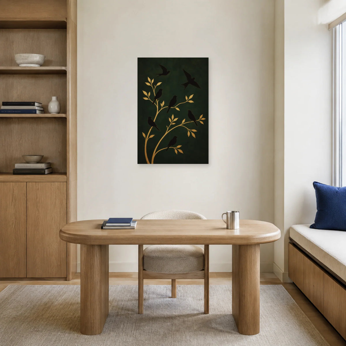 Affiche Silhouettes d’oiseaux et branches dorées dans un bureau - Art Virtuoso