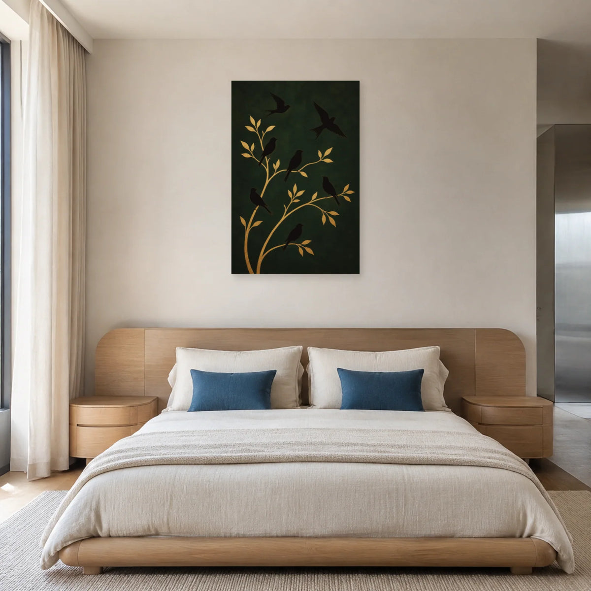 Affiche Silhouettes d’oiseaux et branches dorées dans une chambre - Art Virtuoso