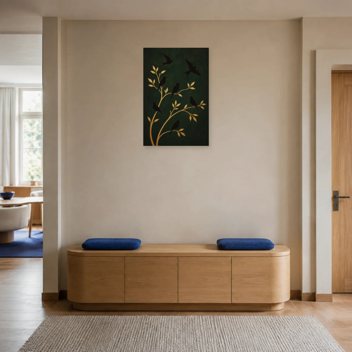 Affiche Silhouettes d’oiseaux et branches dorées dans une entrée ou un couloir - Art Virtuoso