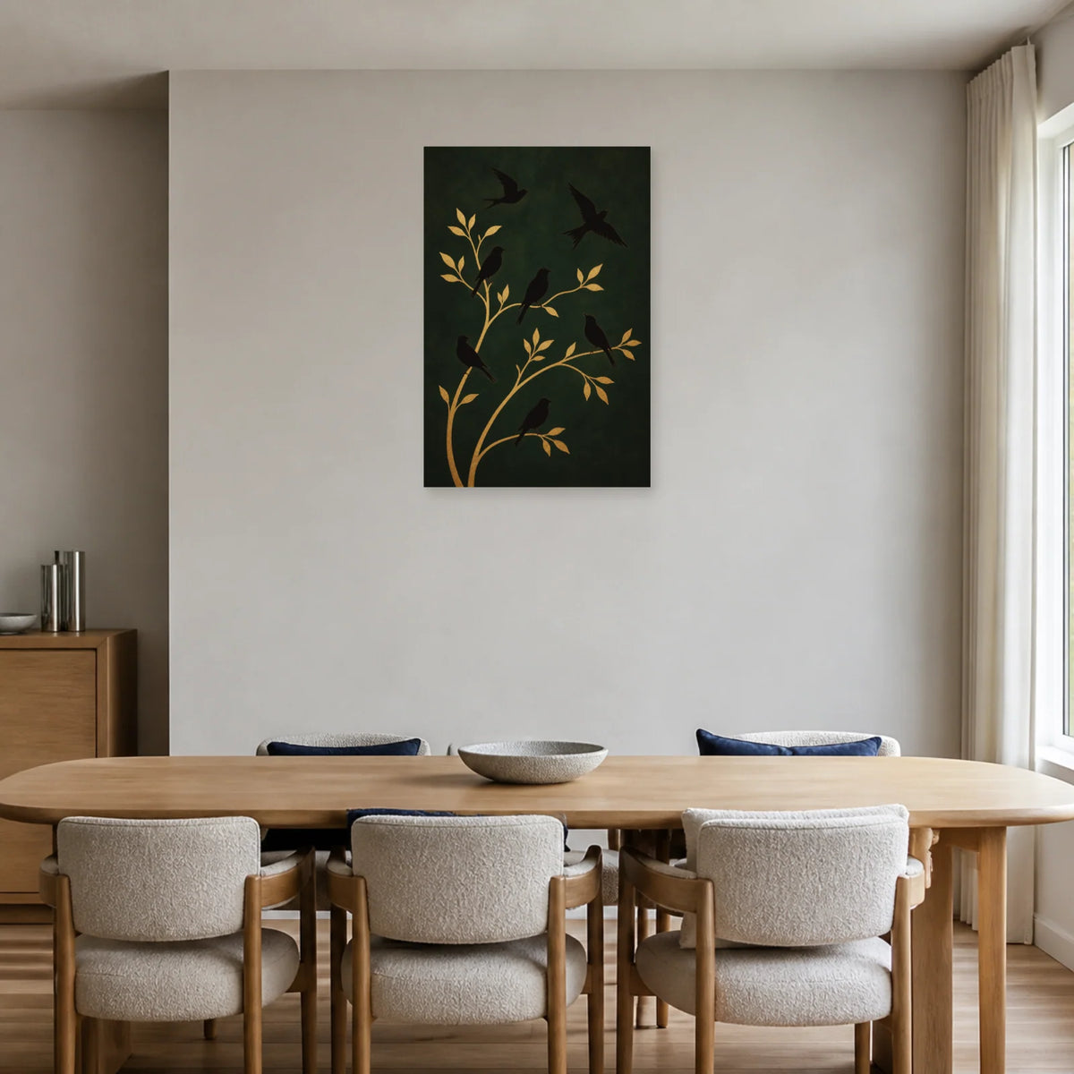Affiche Silhouettes d’oiseaux et branches dorées dans une salle à manger - Art Virtuoso
