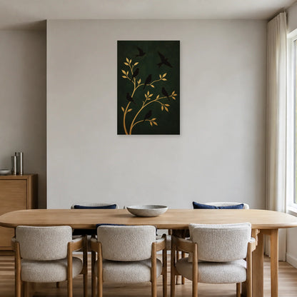 Affiche Silhouettes d’oiseaux et branches dorées dans une salle à manger - Art Virtuoso