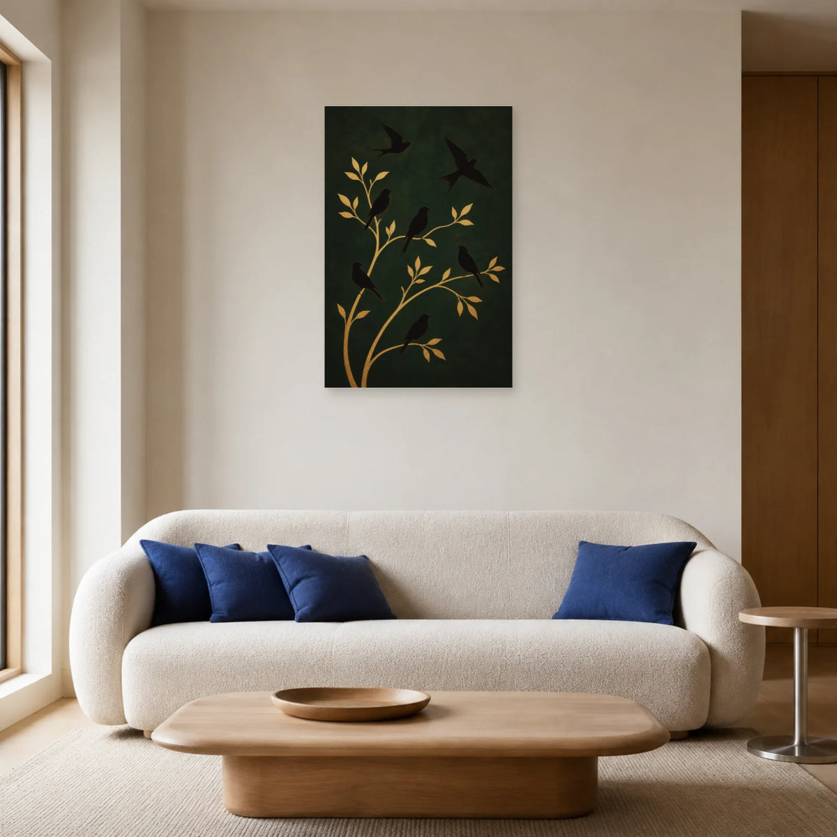 Affiche Silhouettes d’oiseaux et branches dorées dans un salon - Art Virtuoso