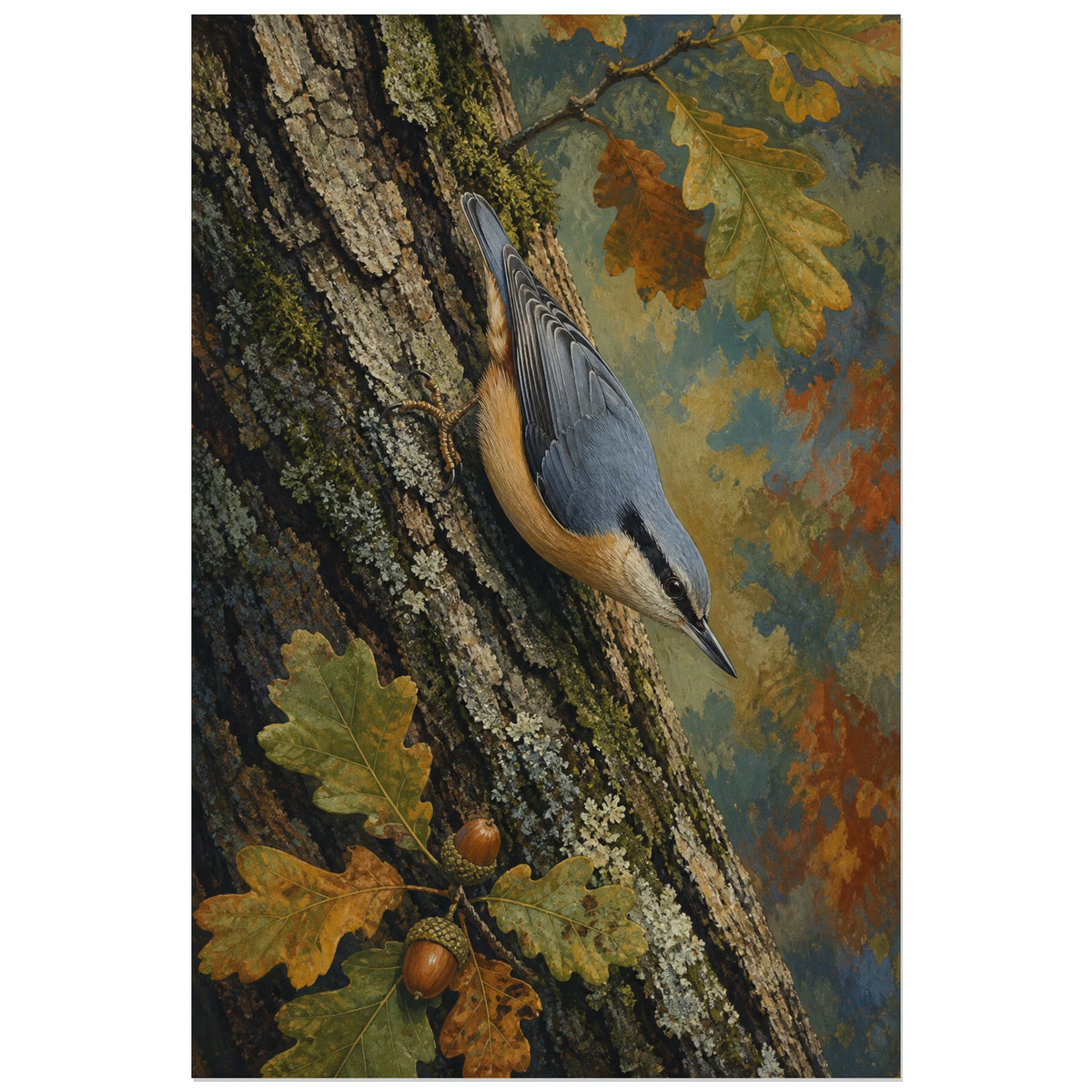 Affiche Sittelle torchepot sur un vieux chêne, peinture naturaliste forestière riche en textures verticale, format 30 × 45 cm