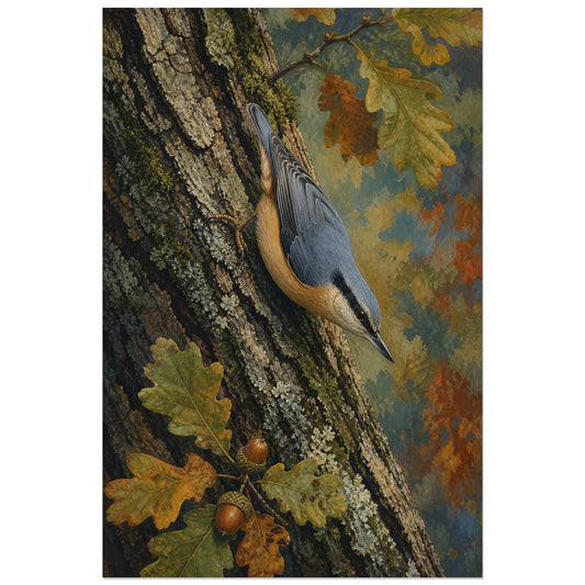 Affiche Sittelle torchepot sur un vieux chêne, peinture naturaliste forestière riche en textures verticale, format 30 × 45 cm
