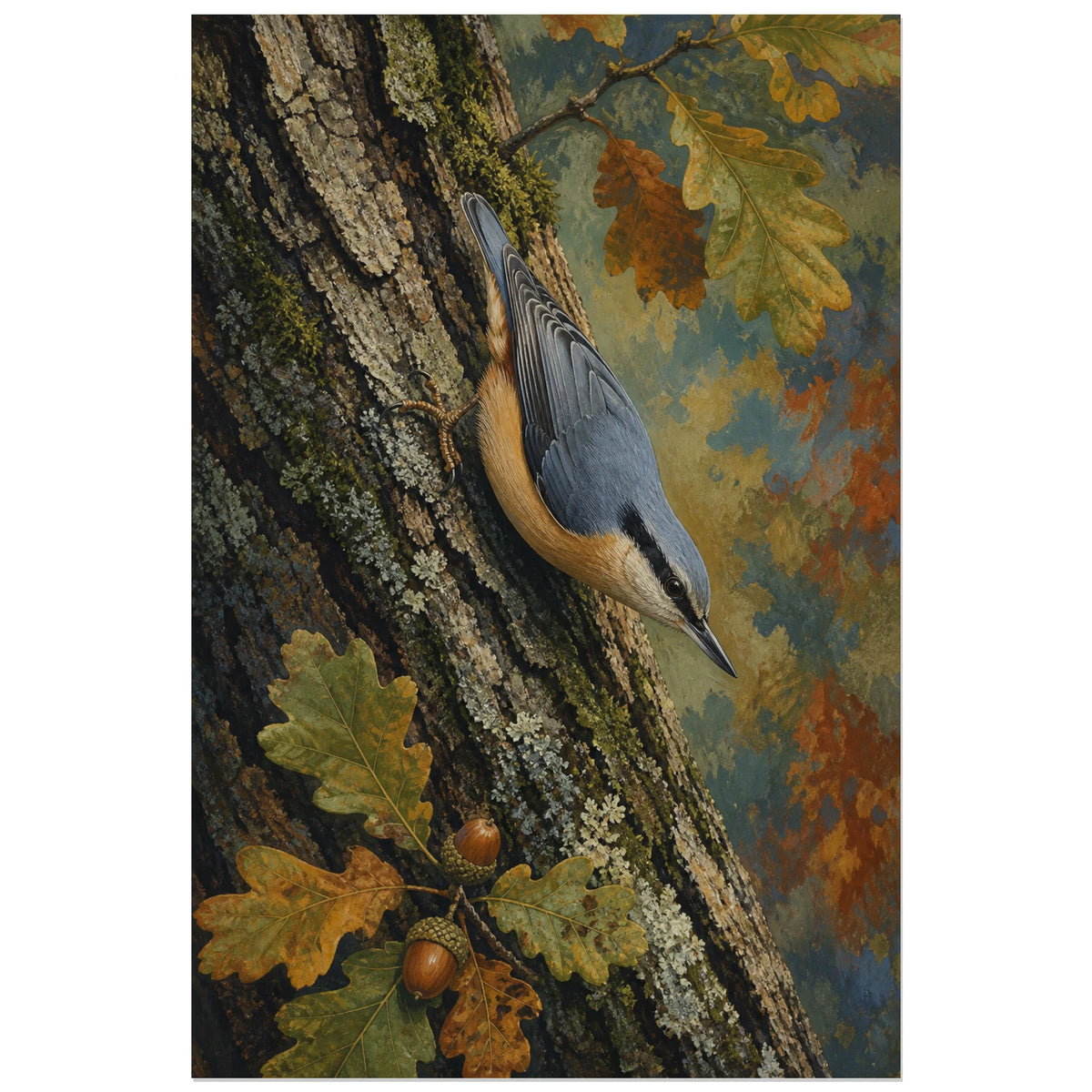 Affiche Sittelle torchepot sur un vieux chêne, peinture naturaliste forestière riche en textures verticale, format 40 × 60 cm