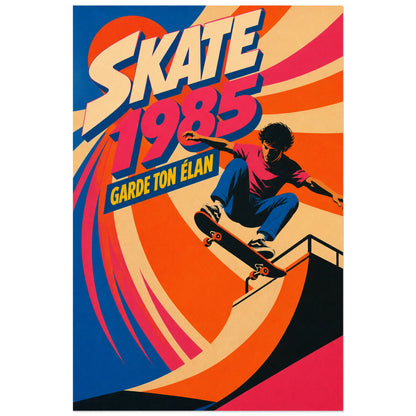 Affiche Skate 1985 – Garde ton Élan, affiche sportive des années 1980 au lettrage anguleux et aux ombres décalées verticale, format 30 × 45 cm