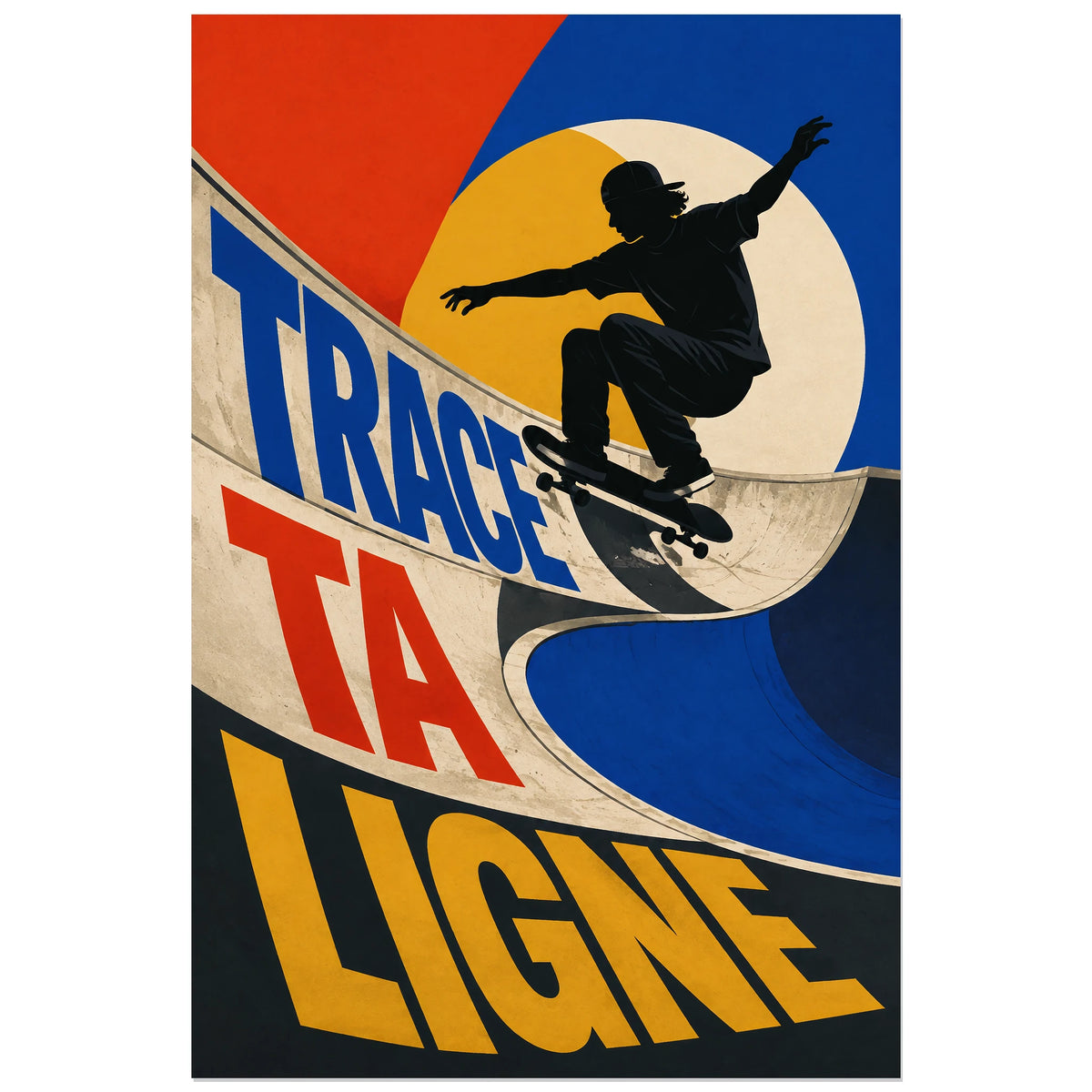 Courbe de bowl crème portant les mots TRACE, TA et LIGNE colorés, affiche 30 × 45 cm