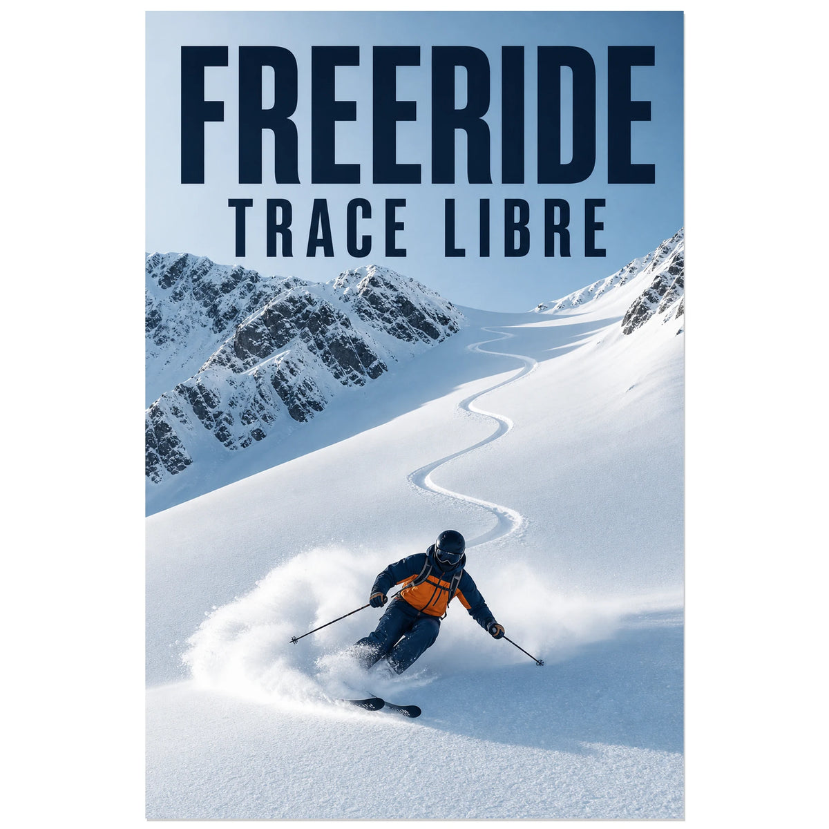 Affiche Freeride – Trace libre, photographie sportive alpine réaliste et dynamique verticale, format 40 × 60 cm