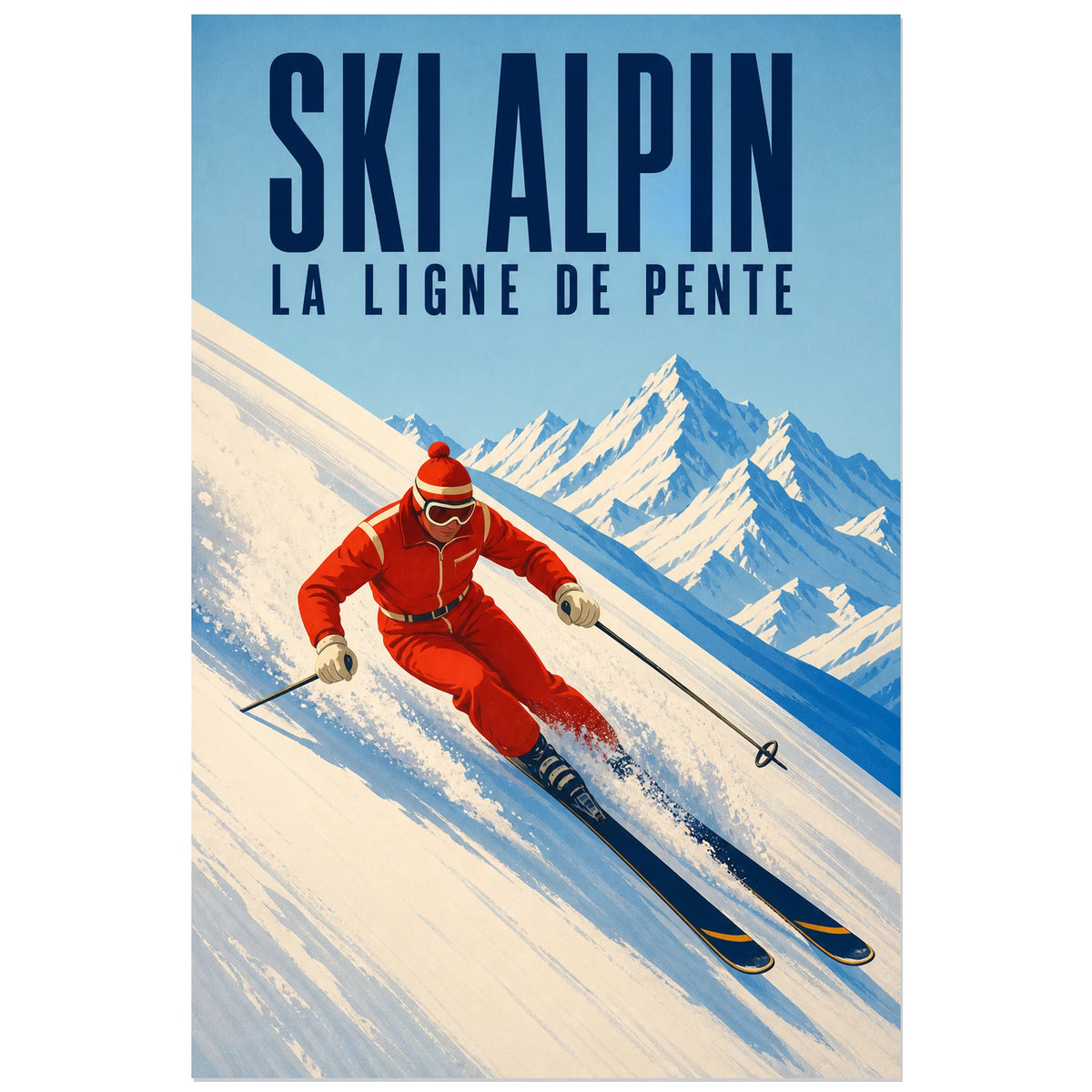 Affiche Ski alpin – La ligne de pente, illustration de voyage rétro en aplats sérigraphiés verticale, format 30 × 45 cm