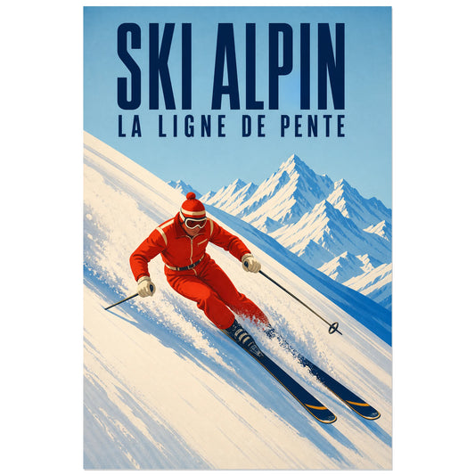 Affiche Ski alpin – La ligne de pente, illustration de voyage rétro en aplats sérigraphiés verticale, format 30 × 45 cm