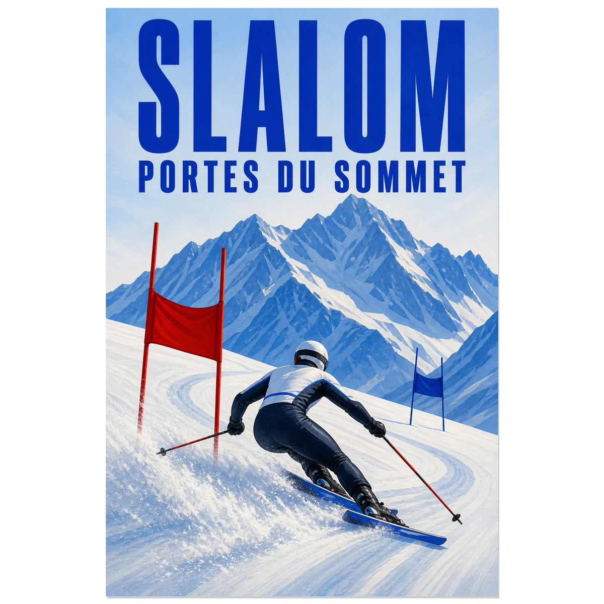 Affiche Slalom – Portes du sommet, illustration sportive contemporaine aux formes nettes verticale, format 40 × 60 cm