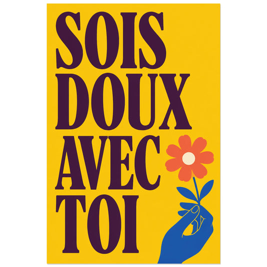 Affiche Sois doux avec toi – Fleur solaire, illustration typographique folk verticale, format 30 × 45 cm