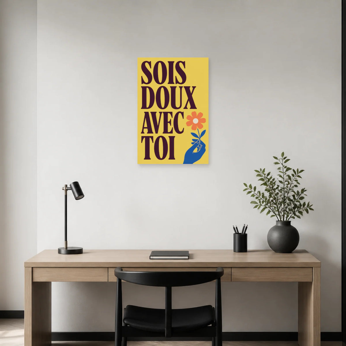 Affiche Sois doux avec toi – Fleur solaire dans un bureau - Art Virtuoso