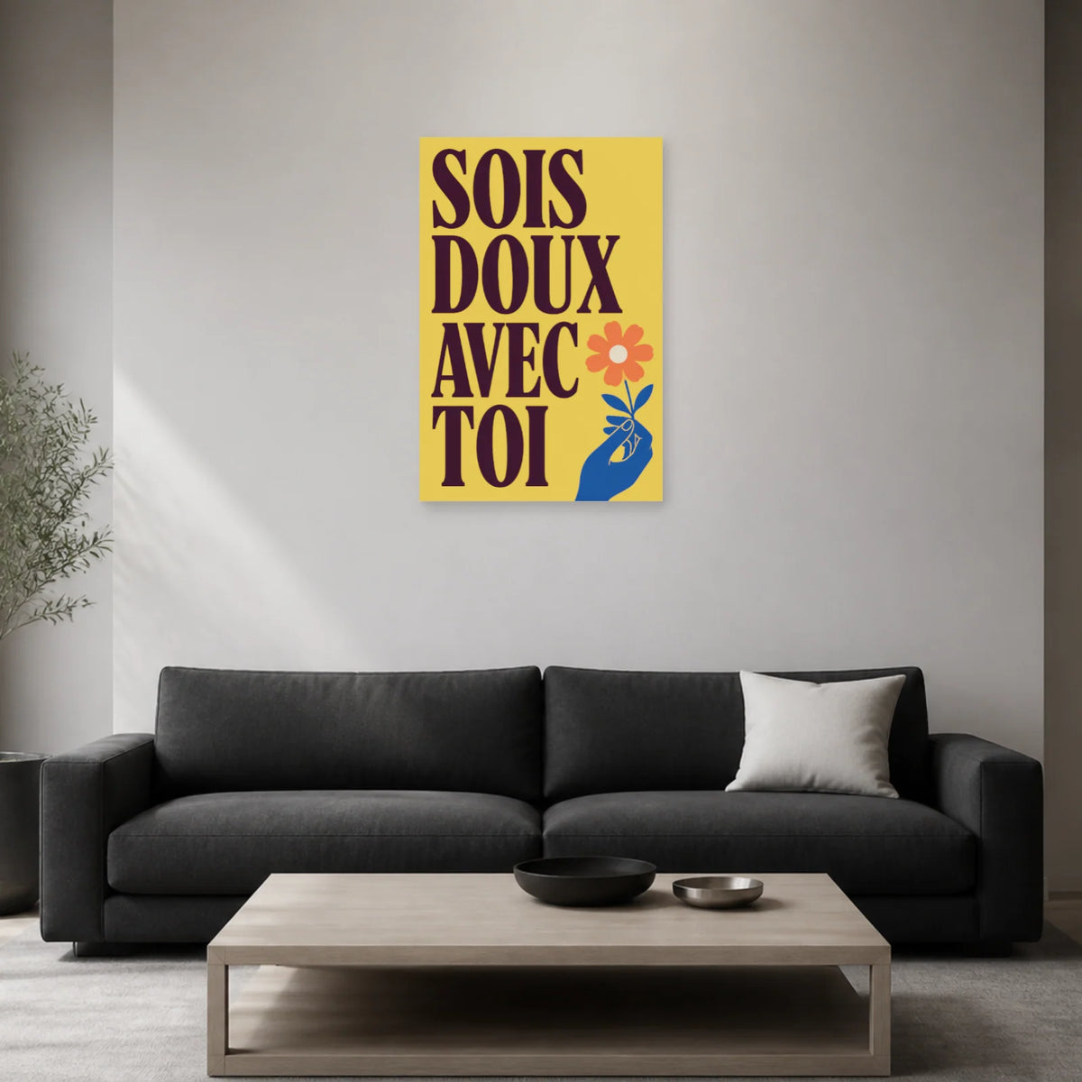 Affiche Sois doux avec toi – Fleur solaire dans un salon - Art Virtuoso
