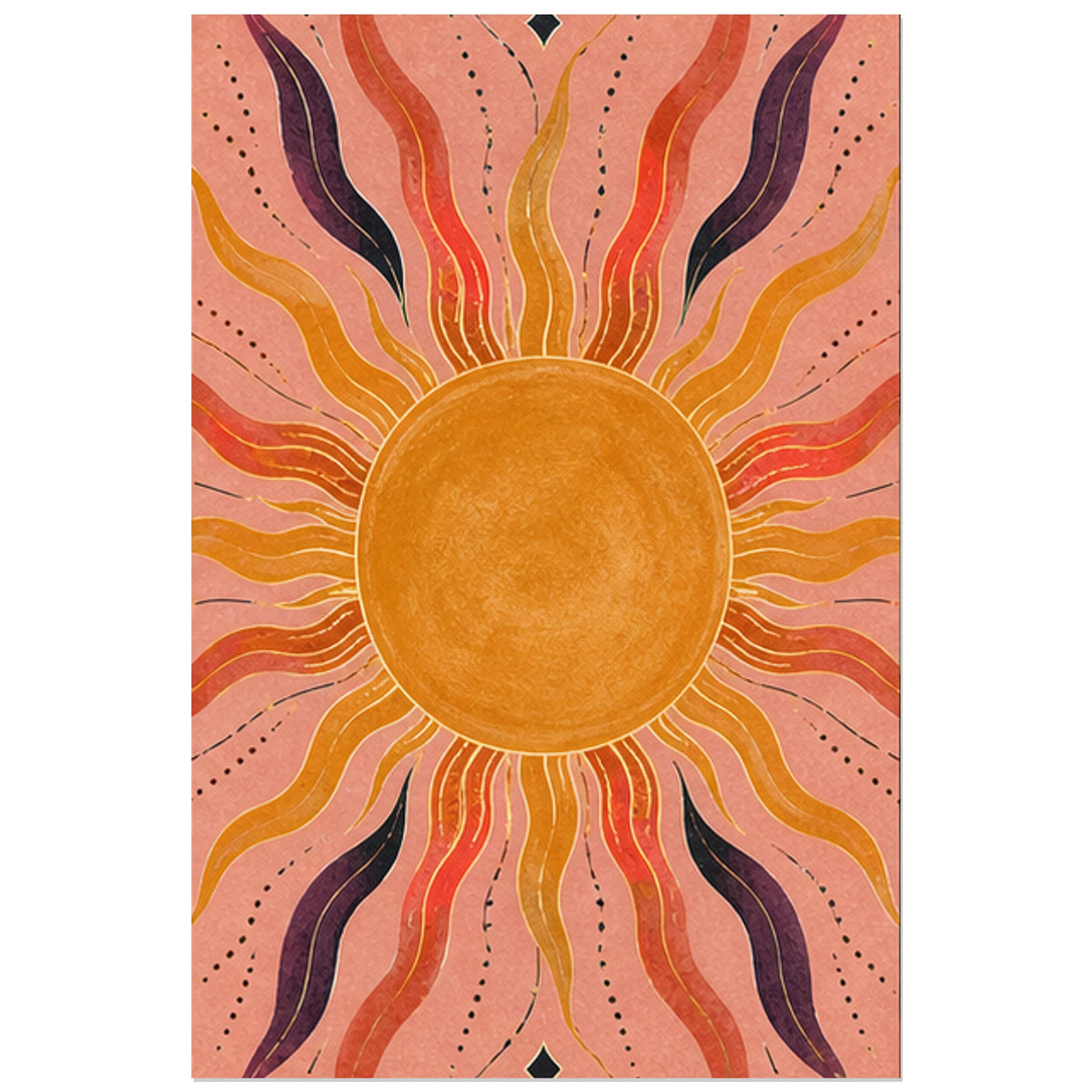 Disque solaire orange et rayons ondulés, affiche 30 × 45 cm