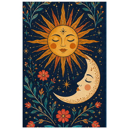 Soleil doré et lune fleurie sur bleu nuit, affiche 30 × 45 cm