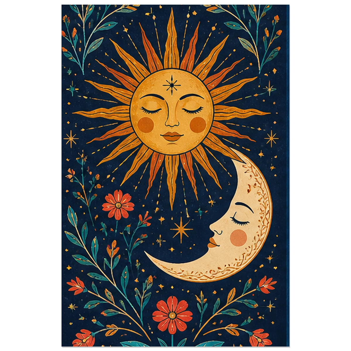 Illustration folk du soleil et de la lune, affiche 60 × 90 cm