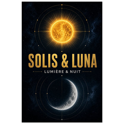 Affiche Solis & Luna – Lumière et nuit, illustration céleste géométrique contemporaine verticale, format 30 × 45 cm