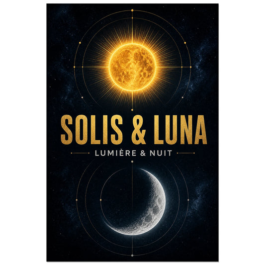 Affiche Solis & Luna – Lumière et nuit, illustration céleste géométrique contemporaine verticale, format 30 × 45 cm