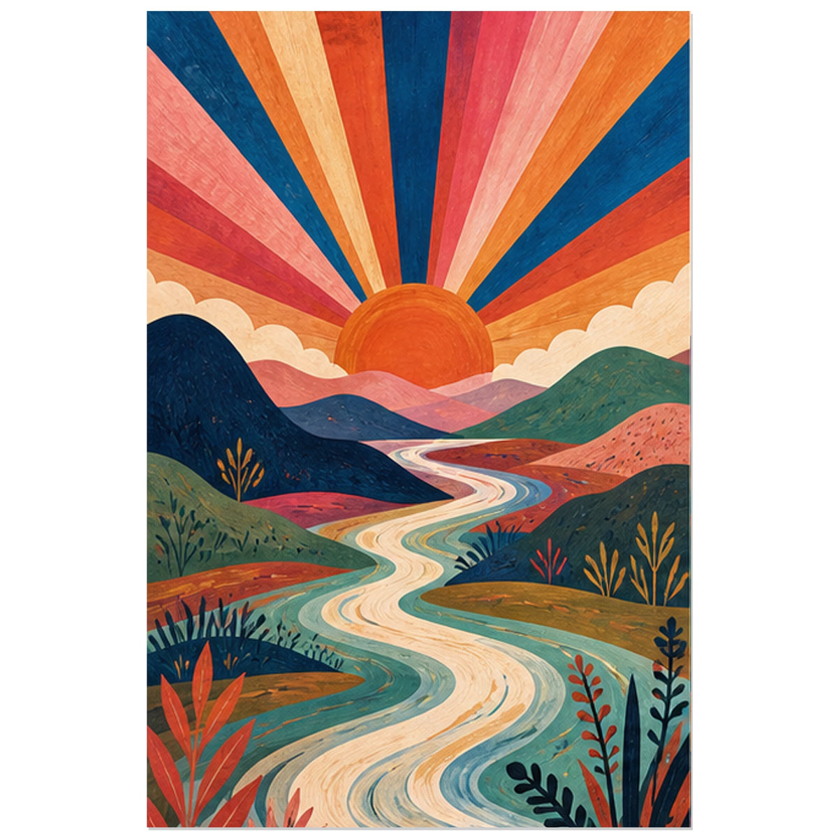 Soleil, montagnes et rivière stylisés, affiche 30 × 45 cm