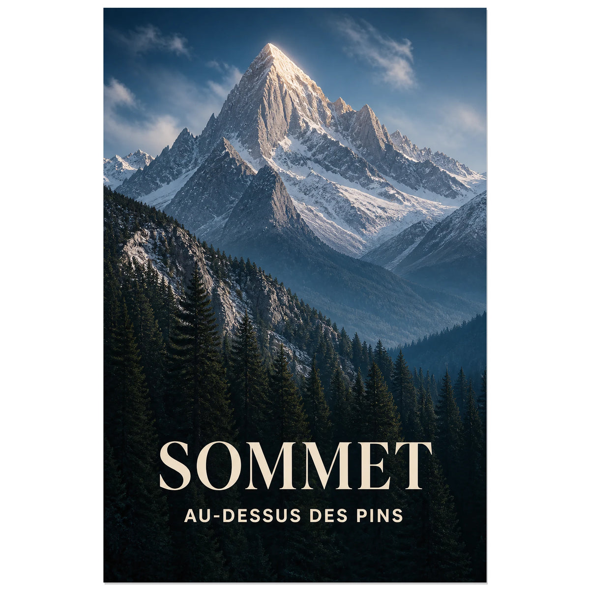 Affiche Sommet – Au-dessus des Pins, photographie alpine majestueuse verticale, format 30 × 45 cm