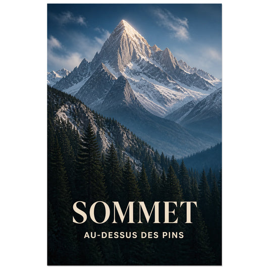 Affiche Sommet – Au-dessus des Pins, photographie alpine majestueuse verticale, format 30 × 45 cm