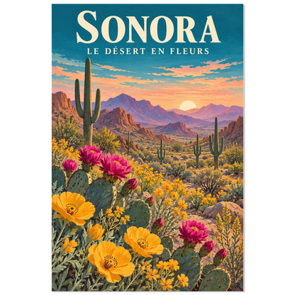 Affiche Sonora – Printemps du désert fleuri, illustration de voyage / gouache florale et paysagère / inspiration vintage verticale, format 40 × 60 cm