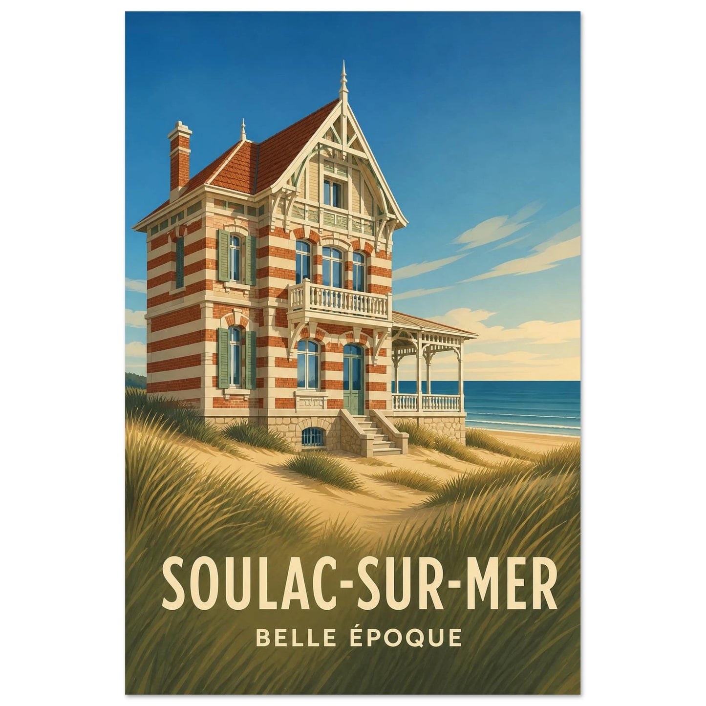 Affiche Soulac-sur-Mer – Belle Époque, illustration éditoriale verticale, format 60 × 90 cm