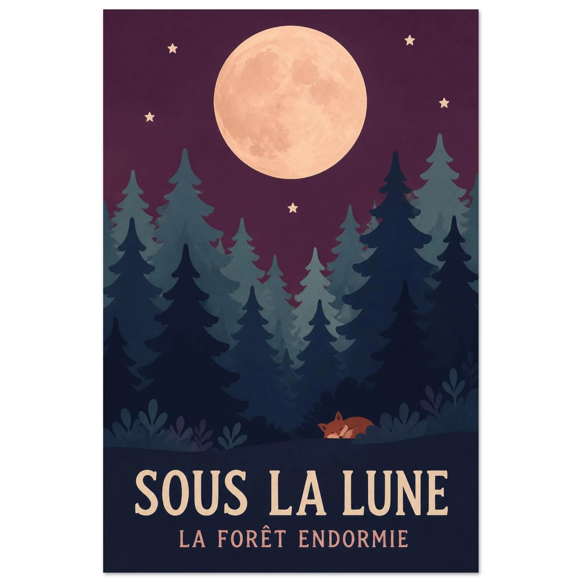 Affiche Sous la Lune – La Forêt Endormie, sérigraphie illustrée verticale, format 30 × 45 cm