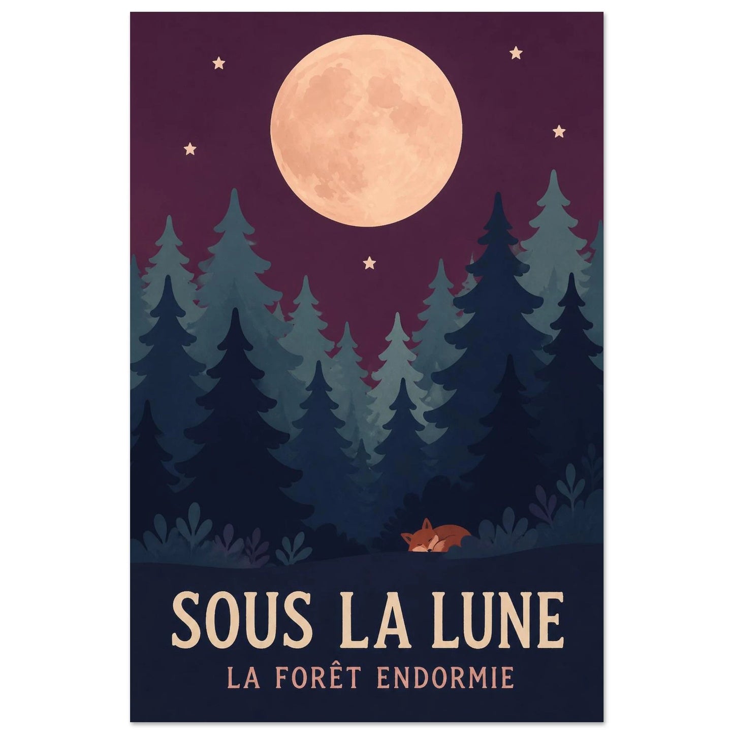 Affiche Sous la Lune – La Forêt Endormie, sérigraphie illustrée verticale, format 40 × 60 cm