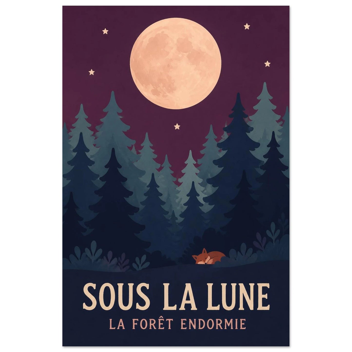 Affiche Sous la Lune – La Forêt Endormie, sérigraphie illustrée verticale, format 60 × 90 cm