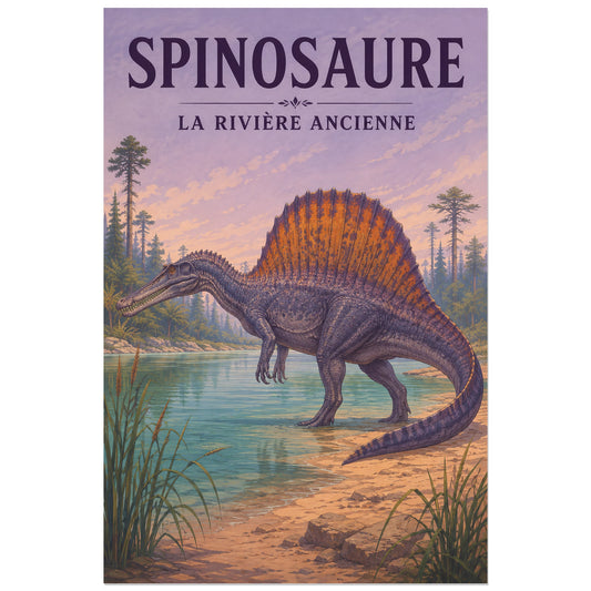 Affiche Spinosaure – La rivière ancienne, paléoart illustré / gouache verticale, format 30 × 45 cm