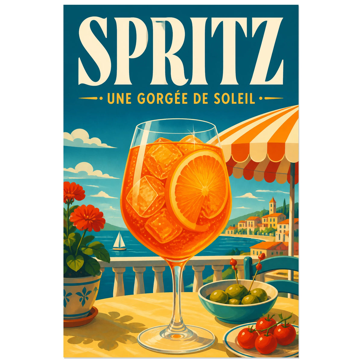 Affiche Spritz, une gorgée de soleil, illustration publicitaire rétro de terrasse méditerranéenne verticale, format 30 × 45 cm
