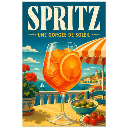 Affiche Spritz, une gorgée de soleil, illustration publicitaire rétro de terrasse méditerranéenne verticale, format 30 × 45 cm