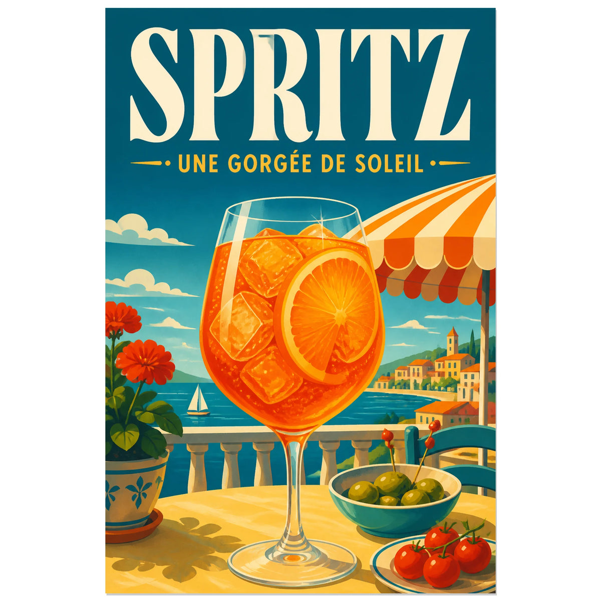 Affiche Spritz, une gorgée de soleil, illustration publicitaire rétro de terrasse méditerranéenne verticale, format 60 × 90 cm