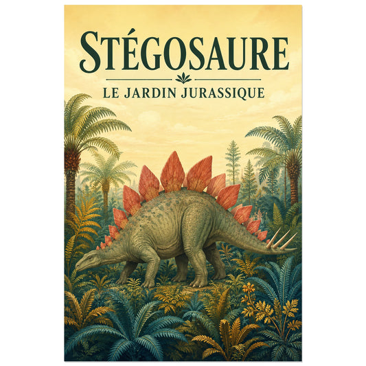 Affiche Stégosaure – Le jardin jurassique, illustration naturaliste / gouache / affiche vintage verticale, format 30 × 45 cm