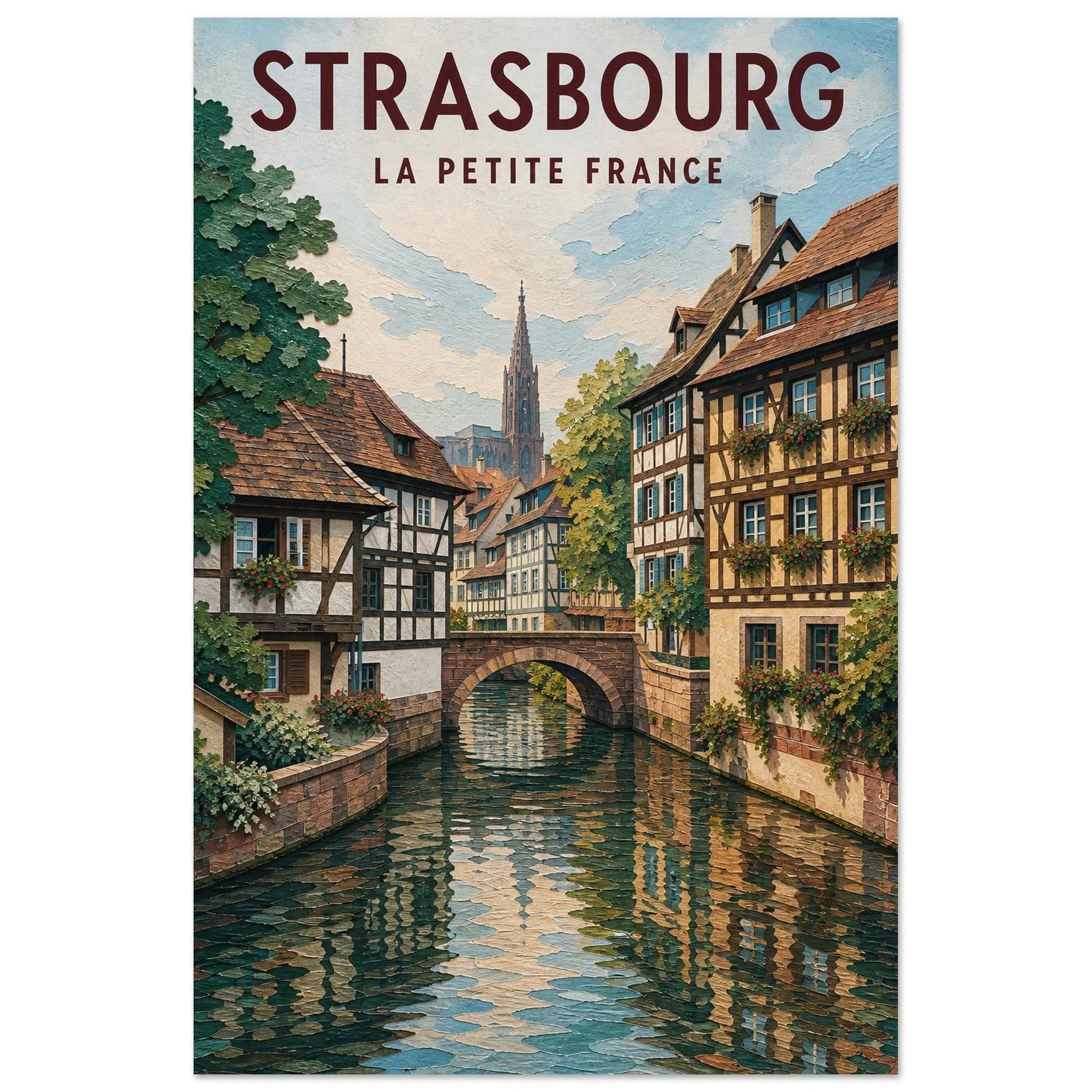 Affiche Strasbourg – La Petite France, illustration verticale gouache illustrée, format 30 × 45 cm