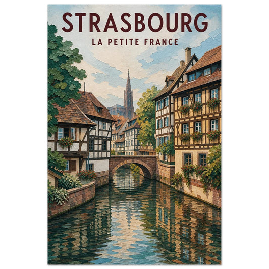 Affiche Strasbourg – La Petite France, illustration verticale gouache illustrée, format 30 × 45 cm