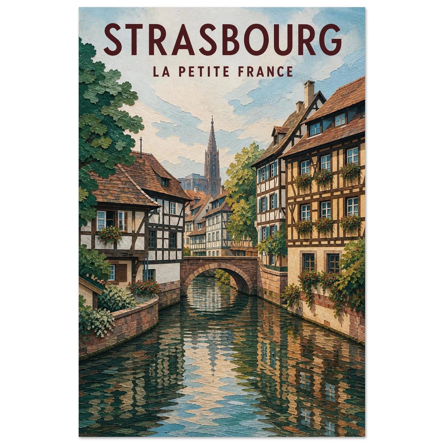 Affiche Strasbourg – La Petite France, illustration verticale gouache illustrée, format 60 × 90 cm