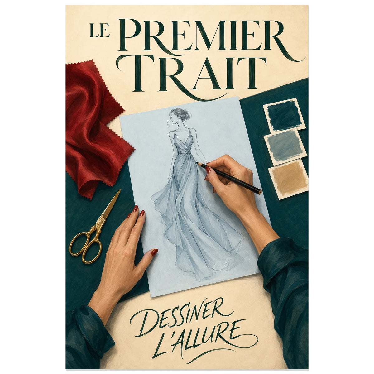 Affiche Styliste, le premier trait, illustration d'atelier de stylisme, vue plongeante verticale, format 30 × 45 cm