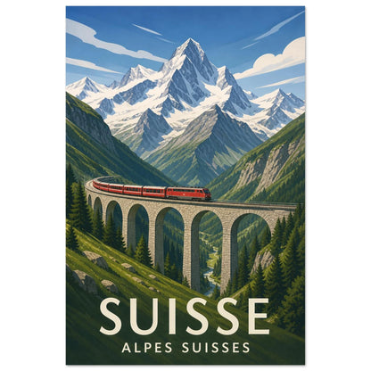 Affiche Suisse – Alpes Suisses, gouache de voyage contemporaine à facture graphique verticale, format 30 × 45 cm