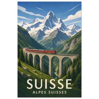 Affiche Suisse – Alpes Suisses, gouache de voyage contemporaine à facture graphique verticale, format 60 × 90 cm