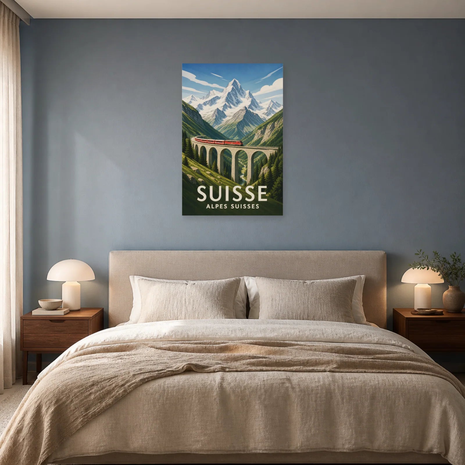 Affiche Suisse – Alpes Suisses dans une chambre - Art Virtuoso