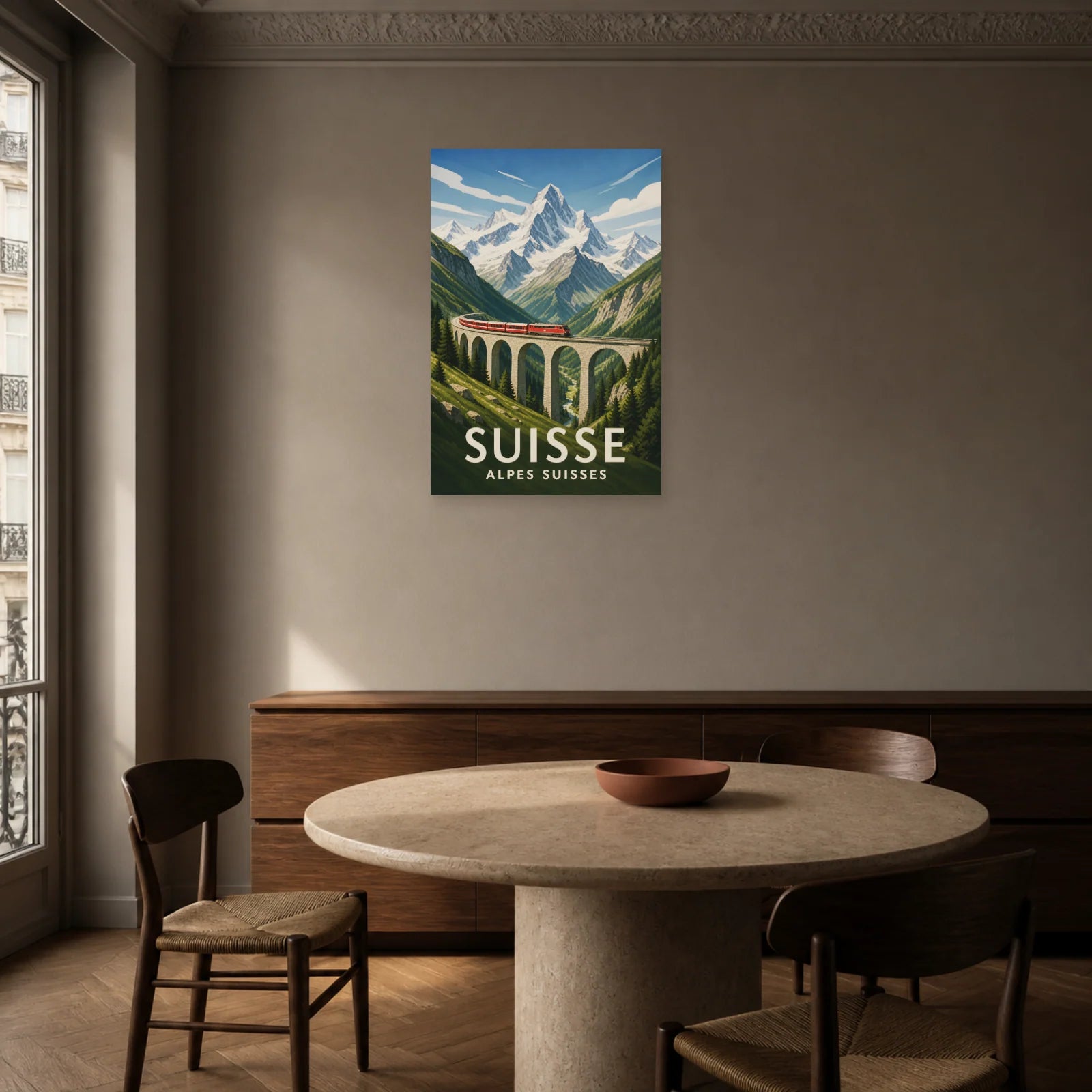 Affiche Suisse – Alpes Suisses dans une salle à manger - Art Virtuoso