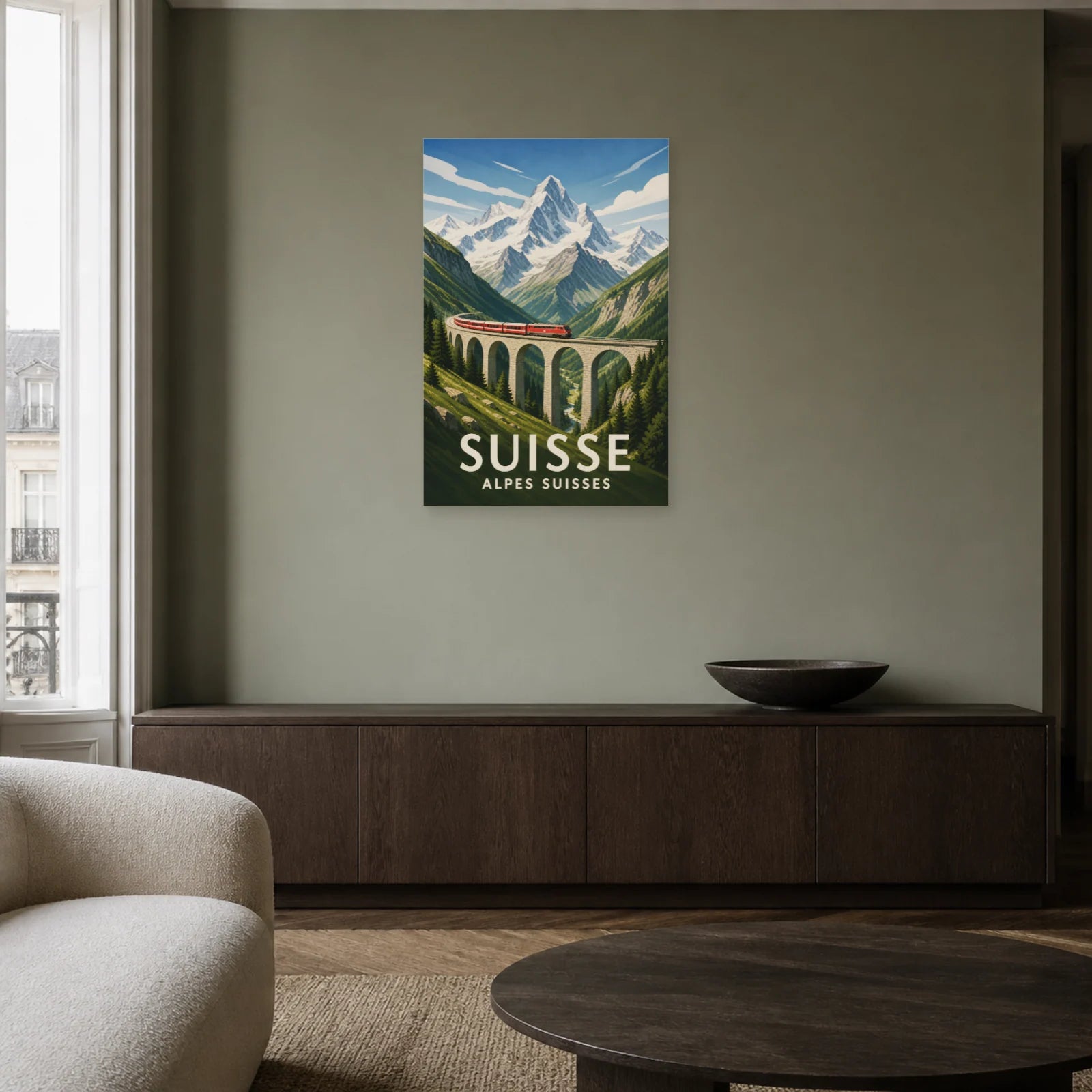 Affiche Suisse – Alpes Suisses dans un salon - Art Virtuoso